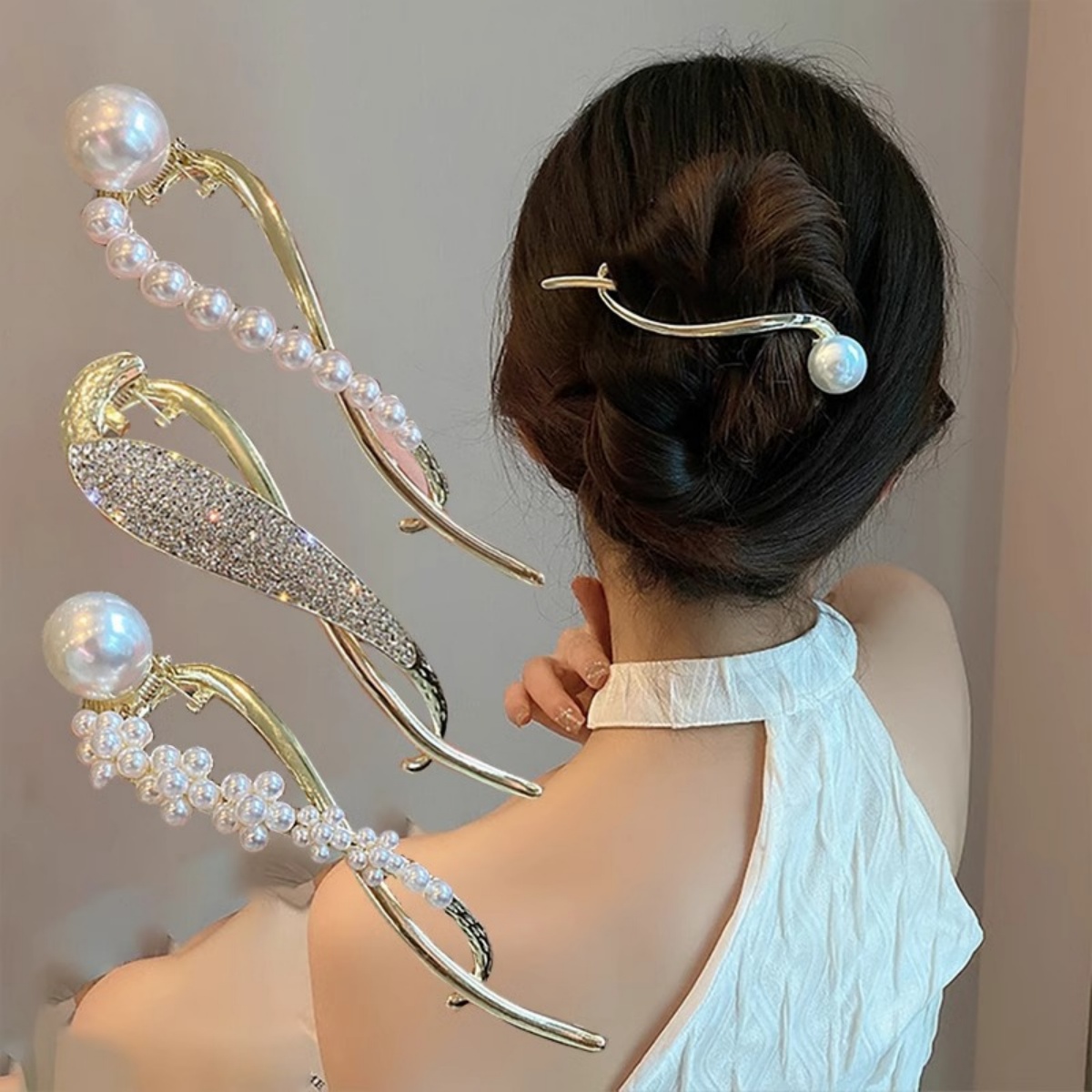 Korean Women Lifestyle - Elegancka brokatowa perłowa spinka do włosów