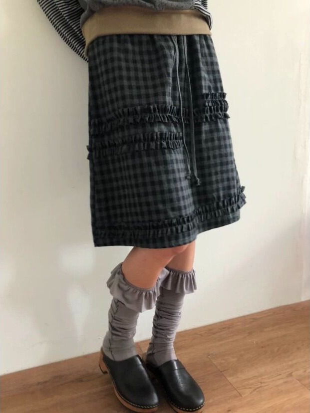 Korean Girls Lifestyle - Retro spódnica w kratę z koronkowymi